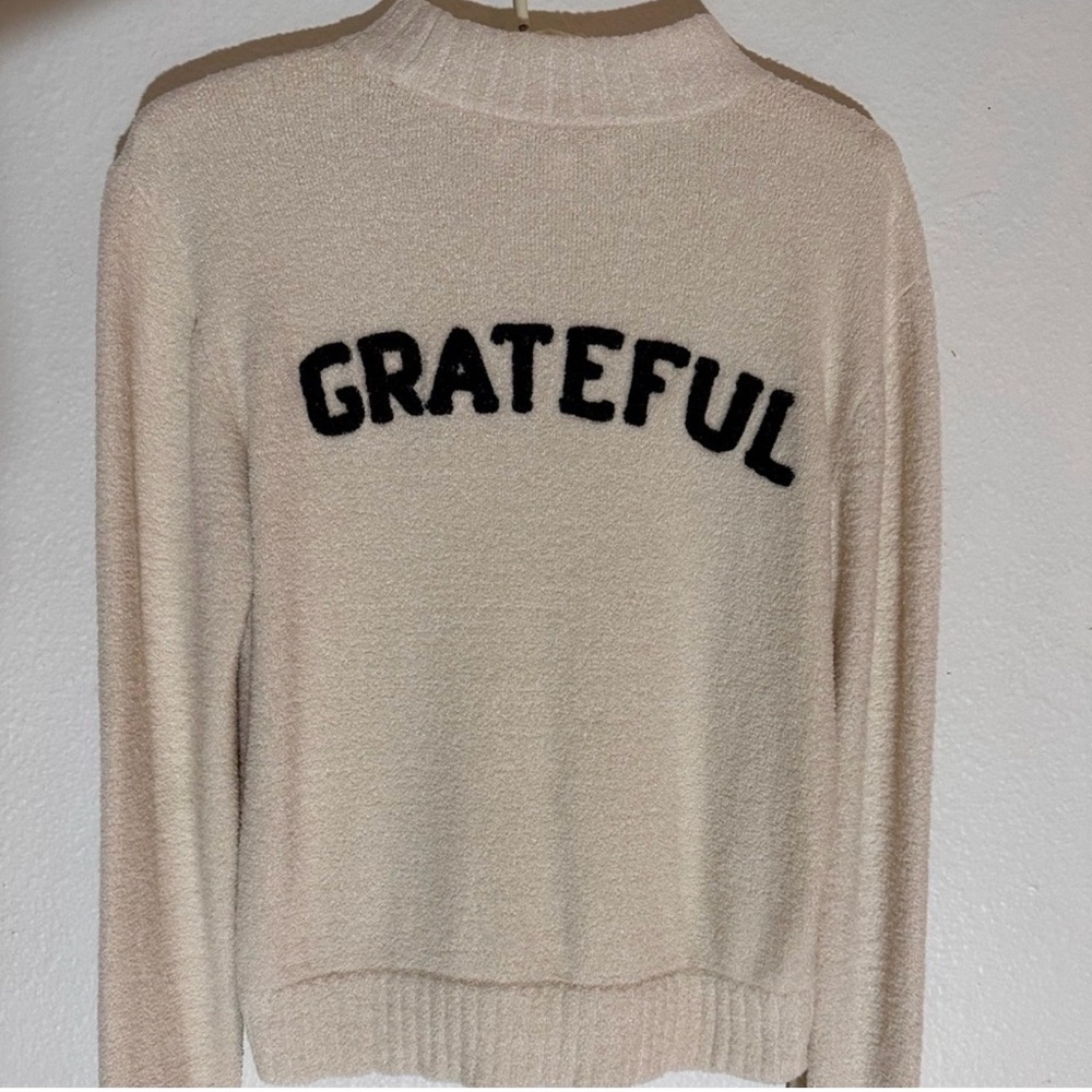 Spiritual Gangster Cream Turtleneck Sweater with Black 'Grateful' Text